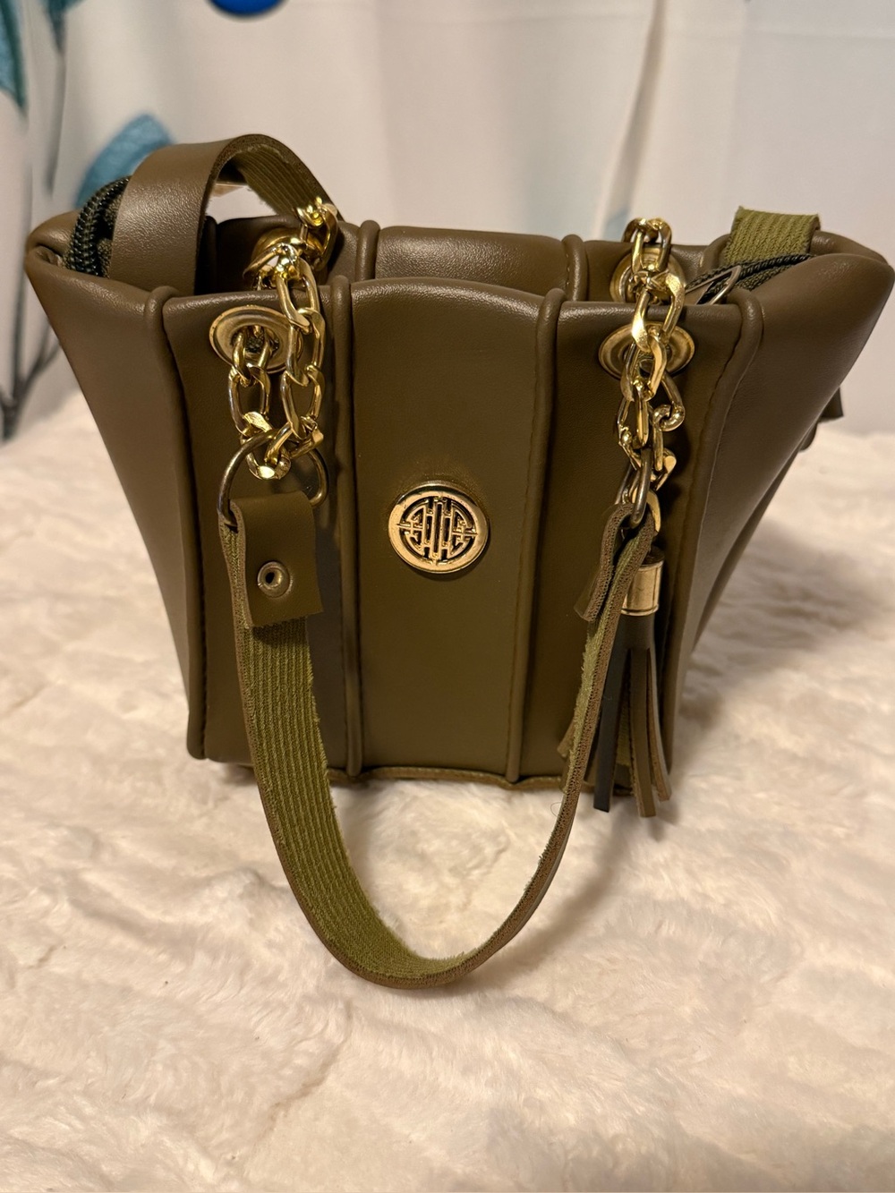 Olive Green Mini Structured Crossbody Handbag Gold Chain Tassel